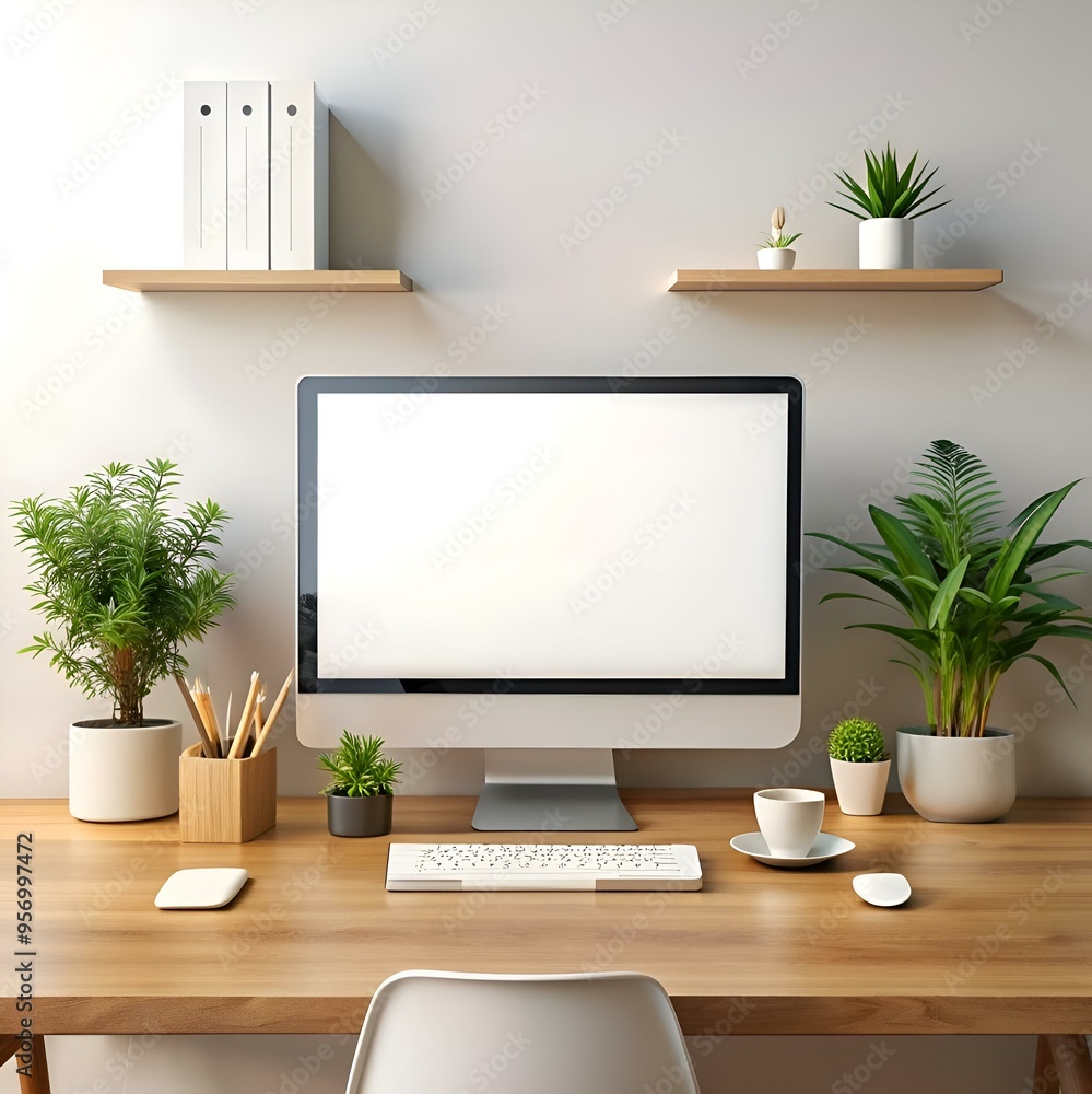 Poster clean and minimalist desktop mockup featuring a blank computer screen. perfect for showcasing your a