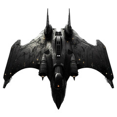 Naklejka premium Front view of a bat-winged alien ship silhouetted against the stars isolated on a white transparent background