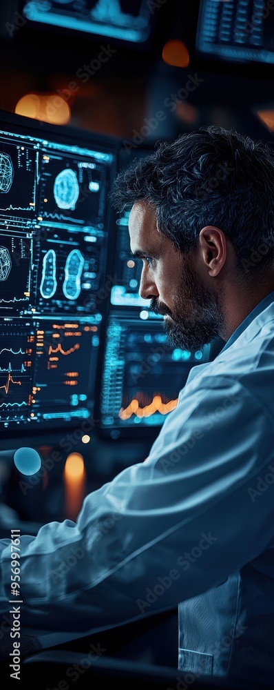Poster a focused scientist analyzes complex data on multiple screens, showcasing advanced technology in a m