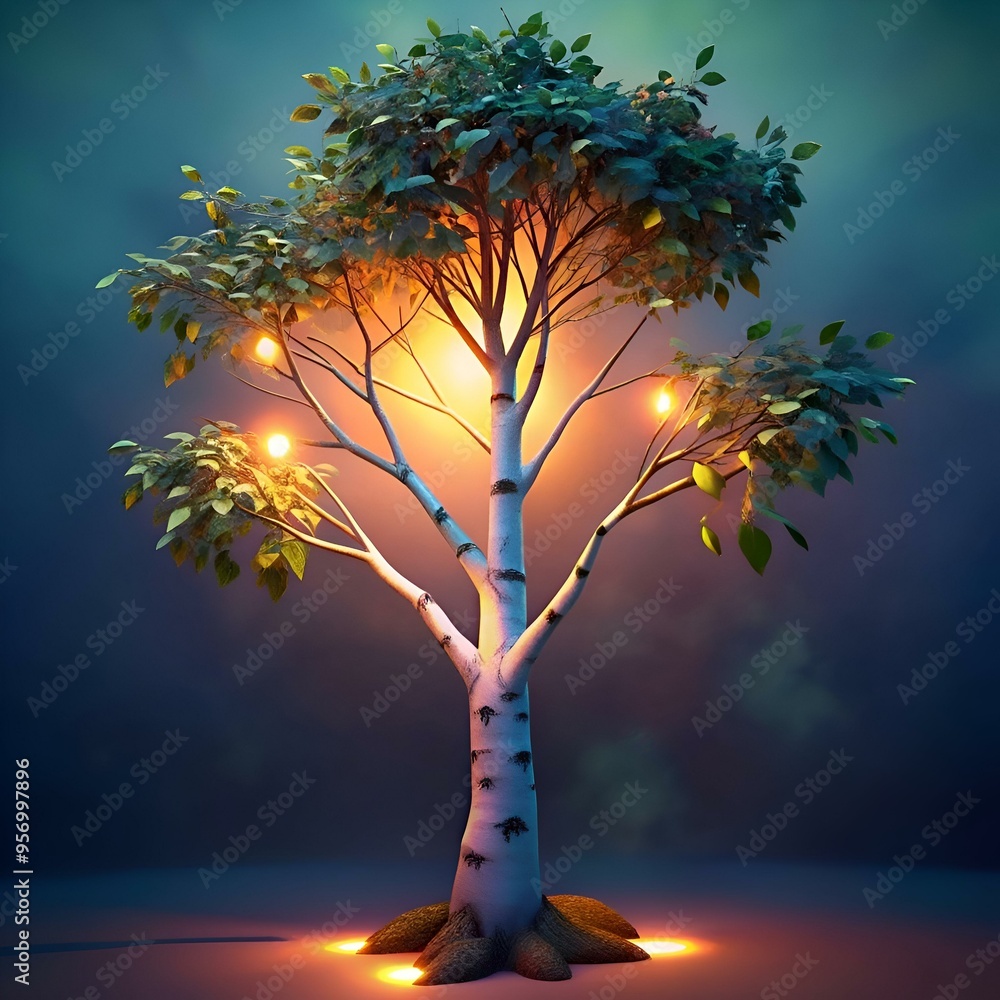 Aufkleber a 3d rendered image of a glowing birch tree with a magical. ethereal vibe.