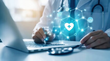 A healthcare professional interacts with a laptop, showcasing a digital health interface with symbols of care and connectivity.