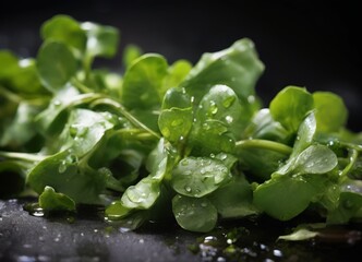 bunch green leaves with water droplets