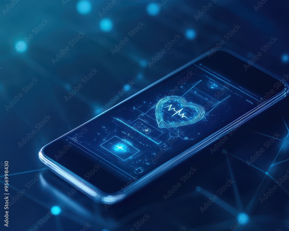 Poster a modern smartphone displaying a digital health monitoring app with a glowing heart symbol, set agai