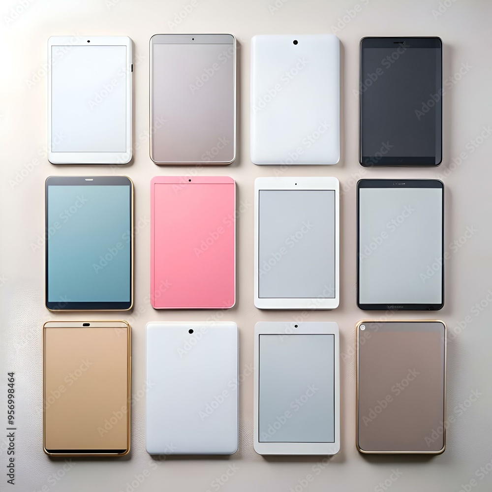 Poster a vibrant array of tablets in different colors and finishes. offering a clean and modern visual for 