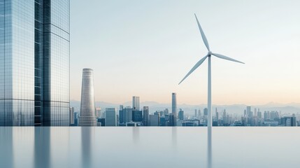 Obraz premium A modern skyline featuring skyscrapers and a wind turbine, symbolizing innovation and sustainability in urban development.