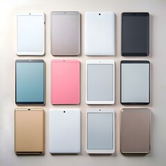 A vibrant array of tablets in different colors and finishes. offering a clean and modern visual for technology and design projects.