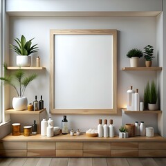 A stylish and minimalist bathroom interior mockup with a blank framed canvas above wooden shelves.