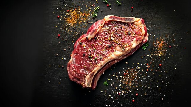 How to prepare a perfectly seasoned ribeye steak with spices and herbs on a black surface