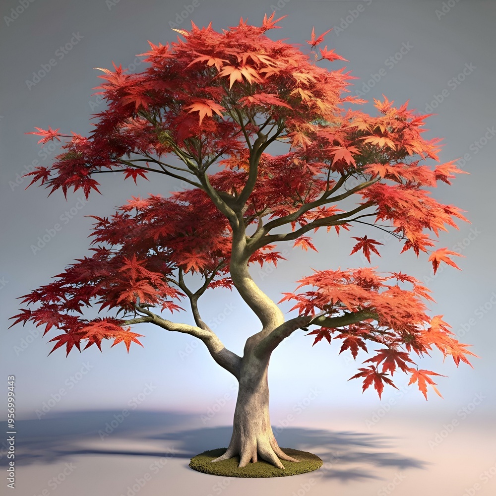 Poster a stunning 3d rendered image of a vibrant red maple tree. isolated on a white background.