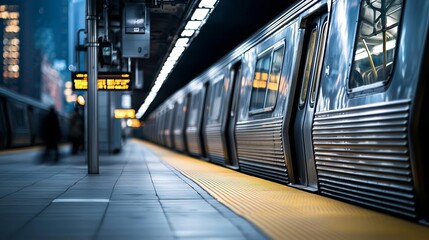 Fototapeta premium Empty subway train at station platform, industrial metal textures, NYC public transit