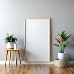 A minimalist mockup featuring a large framed poster against a neutral wall.