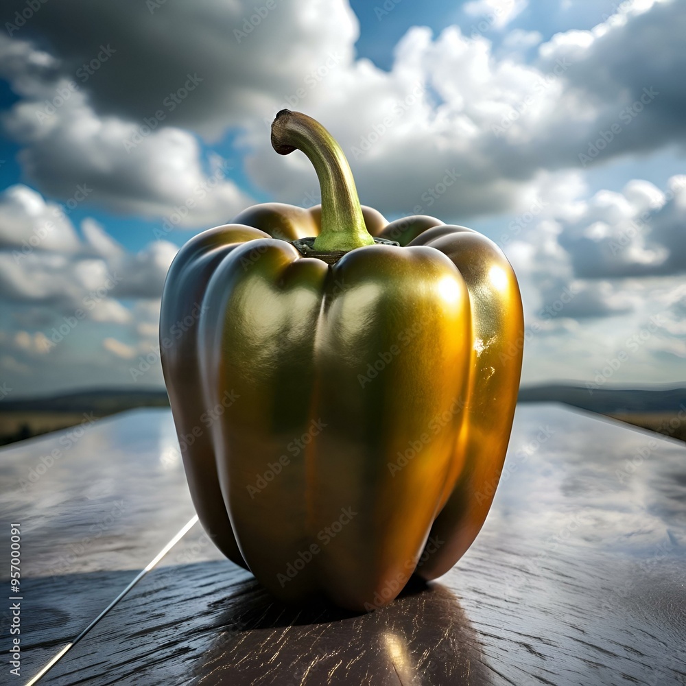 Poster a gleaming 3d rendering of a golden bell pepper. showcasing its smooth. reflective surface and vibra