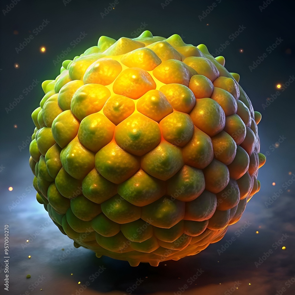 Poster close up 3d rendering of a glowing. yellow. segmented sphere. resembling a microscopic organism or c
