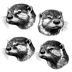 Engraving style otters. Isolated otters head sketch drawing. Wild animal, nature forest characters. Cute otters for design labels prints