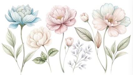 Delicate, hand-drawn floral blooms in pastel hues unfolding along a minimalist line art stem, set against a crisp white background, evoking elegance and whimsy.