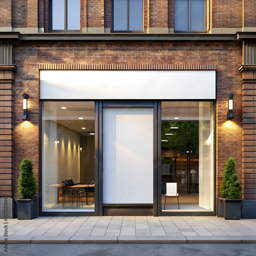 Poster a clean. modern storefront with a blank sign and window display. ready for your business or product.