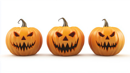 Halloween pumpkins 3d realistic. Spooky faces pumpkin, autumn party symbols. Harvest time, trick or treat season. Seasonal festival illustration