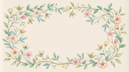 Delicate, hand-drawn floral frame with intertwining vines and blooming flowers in soft pastel hues, perfect for adding a touch of elegance to any design.