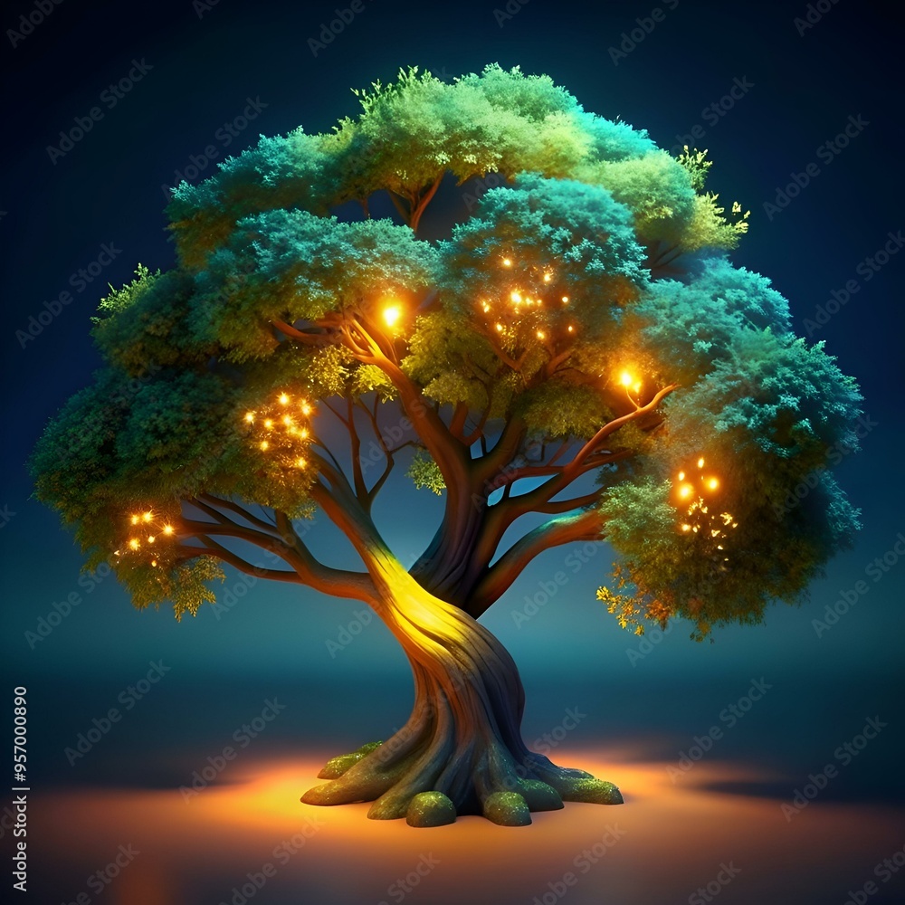 Poster a magical. glowing tree with intricate branches and glowing lights. perfect for fantasy. nature. and