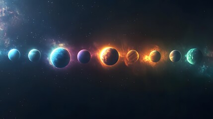 Planetary Alignment: The planets of the solar system aligned in a straight line, each one glowing with its unique color against the dark backdrop of space. 

