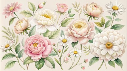 Delicate, hand-drawn floral illustrations featuring blooming peonies, roses, and daisies in soft pastel hues on a creamy white background, perfect for elegant designs and stationery.