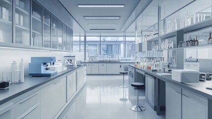A spacious chemistry lab interior, with neatly arranged lab equipment and a clean, professional environment.