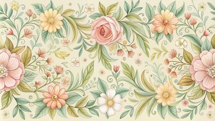 Delicate, hand-drawn floral patterns adorn a vintage-inspired border, featuring blooming flowers, leaves, and swirling tendrils in a soft, pastel color palette, perfect for elegant designs.