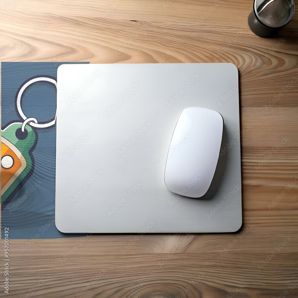 Poster a clean. minimal workspace with a white mouse on a silver mousepad. ready for work.