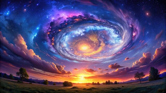 Stunning 360-degree high-dynamic-range image rendering of a mesmerizing starry night galaxy, swirling nebulae, and vibrant cosmic clouds in deep, luminous shades of blue and purple.