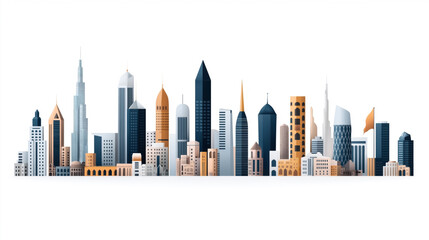 Illustration of a city skyline with various modern and historical buildings of different architectural styles and heights against a white background.