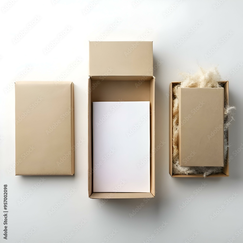 Poster a top down view of three simple cardboard boxes. one open and revealing a blank white card. another 