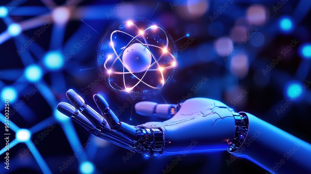 Poster a futuristic robotic hand holds a glowing atom, representing the fusion of technology and science in