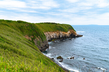 beach with green grass on the cliff and the sea below at Jogashima island Japan
