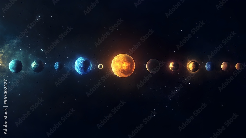 Canvas Prints planetary alignment: the planets of the solar system aligned in a straight line, each one glowing wi