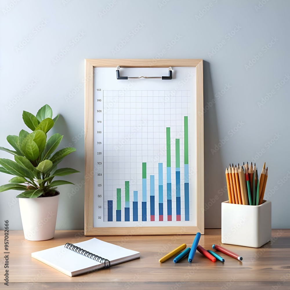 Poster a minimalist office desk with a clipboard featuring a bar graph. a notepad. colored pencils. and a p