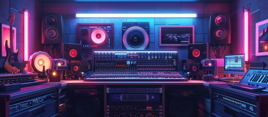 Overhead view of a modern music producer s studio featuring a sleek mixing console computer screens displaying audio tracks and a variety of musical instruments within reach