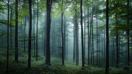Obraz premium Misty forest with tall trees and green foliage, creating an ethereal and tranquil atmosphere.