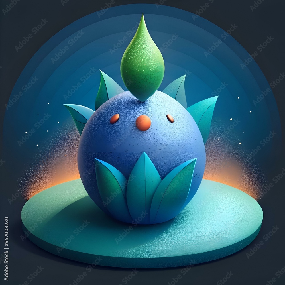 Poster cute. 3d. stylized character with a drop on its head. surrounded by leaves.