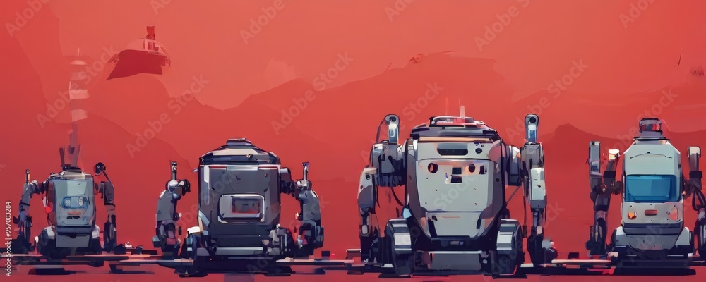 Poster row robots standing in front red background