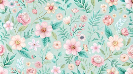 Delicate, hand-painted floral motifs in soft pastel hues repeat seamlessly in a whimsical, dreamy design, perfect for backgrounds, textiles, or packaging.