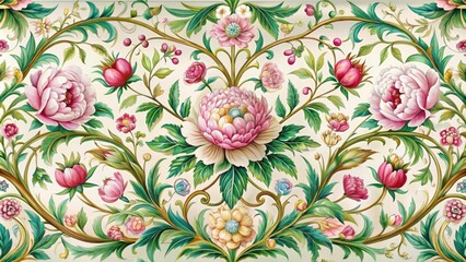 Delicate, hand-painted floral pattern with blooming peonies and vines intricately intertwined with ornate borders, creating a beautiful, whimsical, and elegant design for artistic applications.