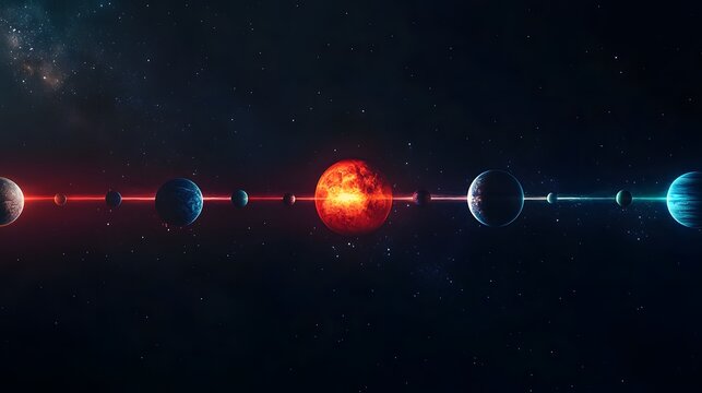 Planetary Alignment: The planets of the solar system aligned in a straight line, each one glowing with its unique color against the dark backdrop of space. 
