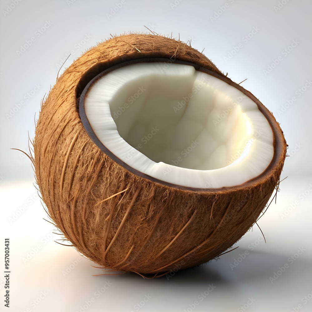 Poster a close up image of a halved coconut. showcasing its textured brown shell and the white. smooth inte