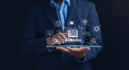 E-learning course concept, modern distance education technology, man showing book icon on virtual screen for learning education course to develop skills and learn new things