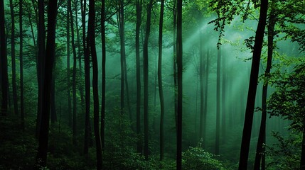Fototapeta premium A misty forest with sunlight streaming through the trees, creating a magical atmosphere.