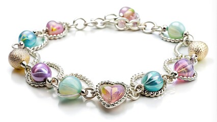 Delicate heart-shaped beaded bracelet features intricate patterns of pastel-colored glass beads on a silver-toned chain, perfect for romantic gestures or personal accessory statements.