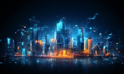futuristic city with glowing lights and buildings