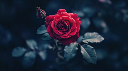 A thorny red rose against a dark, shadowy background, the petals standing out in vibrant contrast.