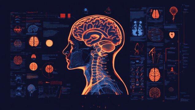 A background of a monographic display showing various medical images, including brain scans and icons The color scheme is dark blue with hints of orange Generative AI