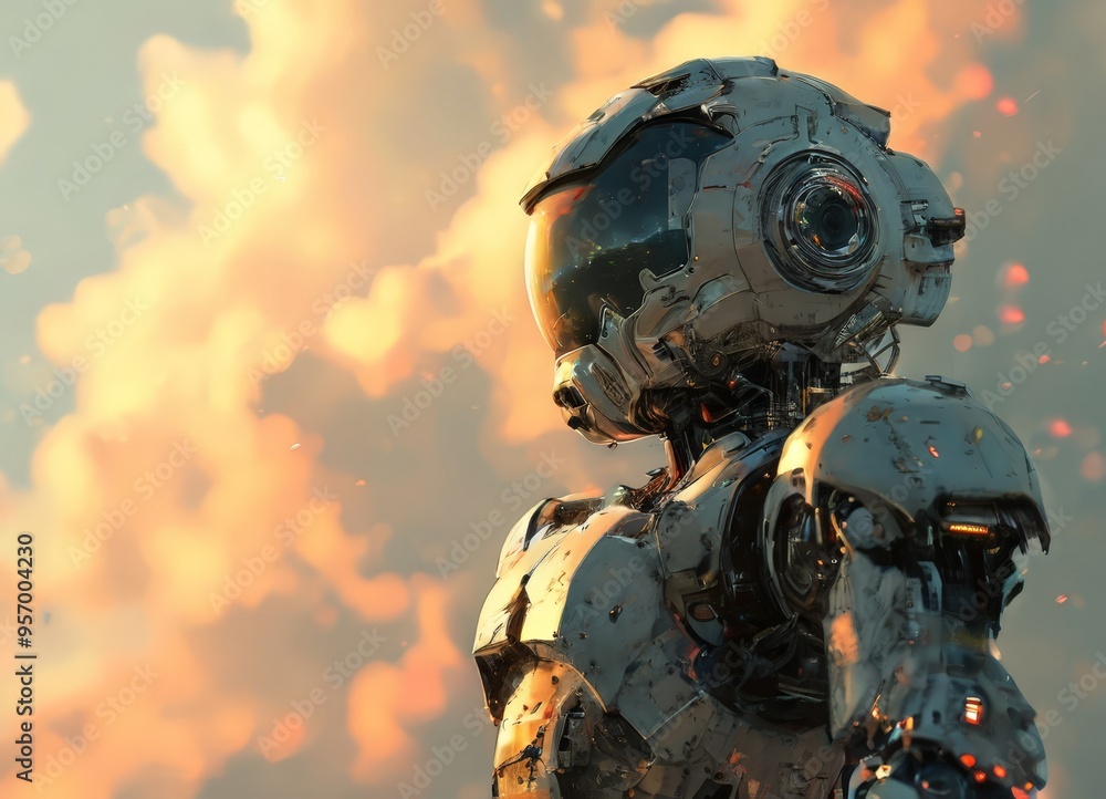 Poster robot standing in front cloudy sky
